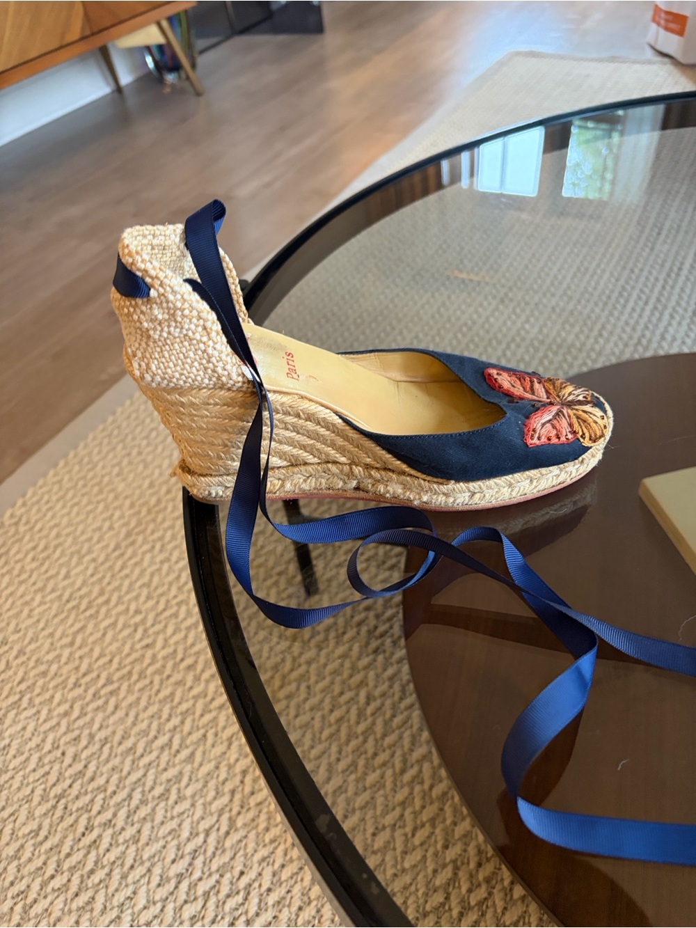 Christian Louboutin Navy Ribbon Espadrille Wedge with Embroidered Toe - Picture 5 of 5